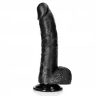 Realistischer gebogener Dildo mit Hodensack, Schwarz, 20,5 cm